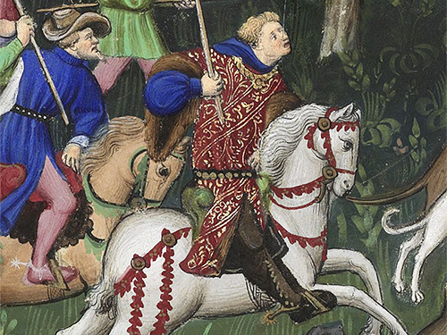 Gaston Phébus à la chasse au lièvre - miniature du Maître de Bedford, tirée du Livre de chasse, vers 1407, Paris, BnF, Fr.616, fo 89 vo.