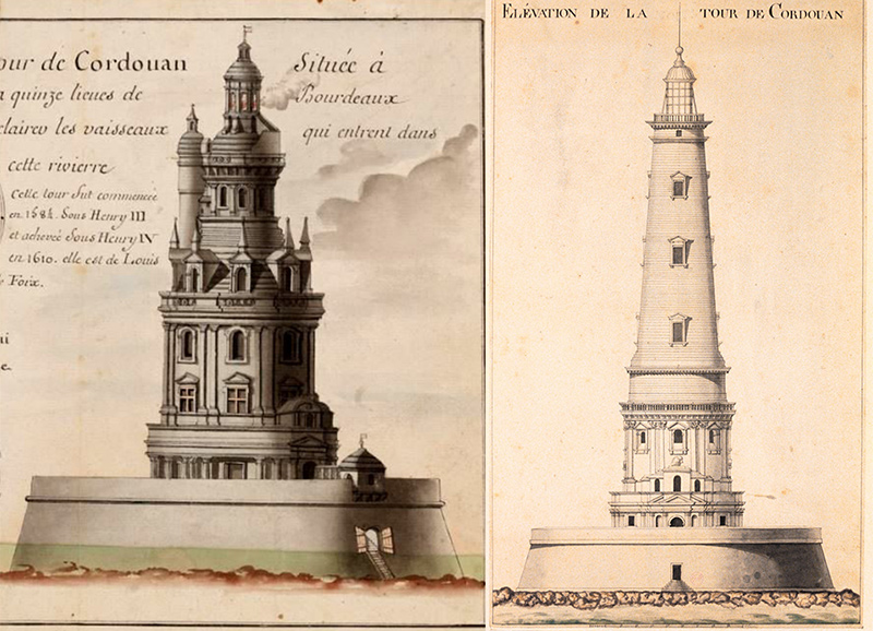 le phare de Cordouan avant et après son élévation. 